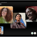 A Group FaceTime call showing four participants in individual tiles at the top of the screen. Two additional participants appear together in a tile at the bottom left. At the bottom right are FaceTime controls: the Video, Microphone, More, and End Call buttons.