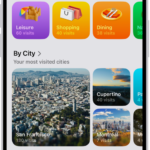 The Visited Places screen in the Maps app. Leisure, Shopping, Dining, and Nature appear as categories, each with a number indicating how many visits were made in that category.