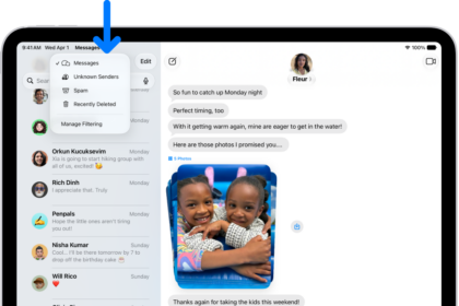 A conversation list in Messages. All messages are shown, because no filter is selected in the Filter menu.
