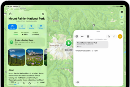 A Quick Note in a window overlay over a map of Mount Rainier National Park. The note has a link to the map, a photo, and text.