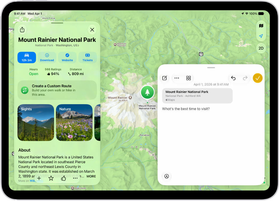 A Quick Note in a window overlay over a map of Mount Rainier National Park. The note has a link to the map, a photo, and text.