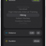 A screen in the Fitness app showing a logged workout. Metrics for the distance traveled, duration, date, and active calories burned appear below the list of workouts.
