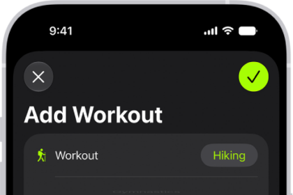 A screen in the Fitness app showing a logged workout. Metrics for the distance traveled, duration, date, and active calories burned appear below the list of workouts.