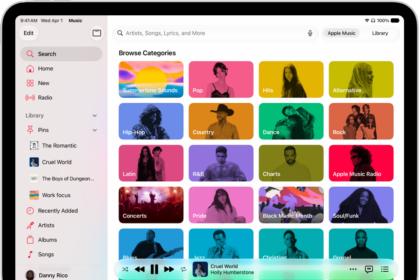 The Search tab showing the sidebar at the left and a search field at the top. Below the search field, various categories of music appear. The MiniPlayer is at the bottom.