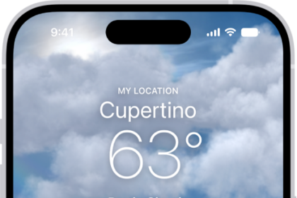 The Weather app showing, from top to bottom: the location, current temperature, the high and low temperatures for the day, hourly forecast, and the first few days of a 10-day forecast. A row of dots at the bottom center represent other locations in the location list. At the bottom-right corner is the Location List button and at the bottom-left corner is the Show Map button.