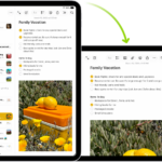 In the background, iPad displays a Notes screen in portrait orientation; in the foreground, iPad is rotated and shows the Notes screen in landscape orientation.