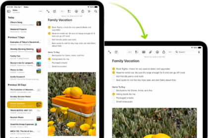 In the background, iPad displays a Notes screen in portrait orientation; in the foreground, iPad is rotated and shows the Notes screen in landscape orientation.