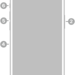 The front view of iPhone 13 Pro. The front camera is at the top center. The side button is on the right side. The Lightning connector is on the bottom. On the left side, from bottom to top, are the SIM tray, the volume buttons, and the Ring/Silent switch.