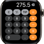 Apple Watch showing the Calculator app. The screen shows a typical number pad with math functions on the right. Along the top are the C, plus or minus, and Tip buttons.
