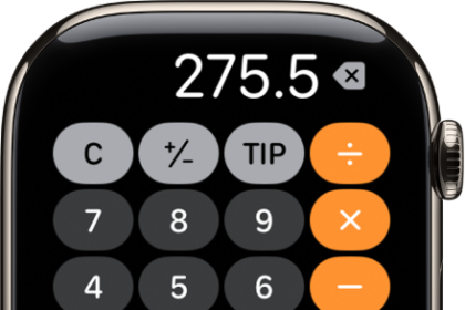 Apple Watch showing the Calculator app. The screen shows a typical number pad with math functions on the right. Along the top are the C, plus or minus, and Tip buttons.