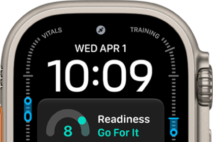 The Modular Ultra watch face showing elevation on the left and right (feet on the left and meters on the right), Music, Compass, and Compass Waypoints complications along the top, a digital clock below, a Compass Heading complication in the middle, and the Messages, Sunrise, and Workout complications near the bottom. At the very bottom is the current elevation.