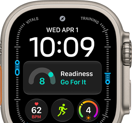 The Modular Ultra watch face showing elevation on the left and right (feet on the left and meters on the right), Music, Compass, and Compass Waypoints complications along the top, a digital clock below, a Compass Heading complication in the middle, and the Messages, Sunrise, and Workout complications near the bottom. At the very bottom is the current elevation.