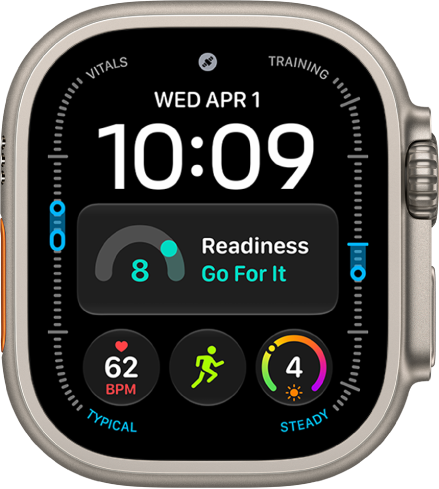 The Modular Ultra watch face showing elevation on the left and right (feet on the left and meters on the right), Music, Compass, and Compass Waypoints complications along the top, a digital clock below, a Compass Heading complication in the middle, and the Messages, Sunrise, and Workout complications near the bottom. At the very bottom is the current elevation.
