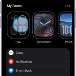 The Apple Watch app on iPhone open to the My Watch screen, which shows your watch faces near the top and settings below. There are three tabs at the bottom of the Apple Watch app screen: the left tab is My Watch, where you go for Apple Watch settings; next is the Face Gallery, where you can explore available watch faces and complications; then Discover, where you can learn more about Apple Watch.