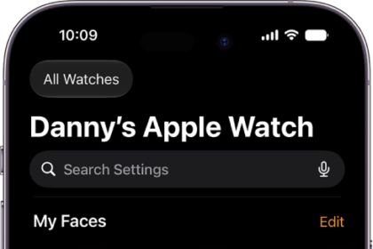 The Apple Watch app on iPhone open to the My Watch screen, which shows your watch faces near the top and settings below. There are three tabs at the bottom of the Apple Watch app screen: the left tab is My Watch, where you go for Apple Watch settings; next is the Face Gallery, where you can explore available watch faces and complications; then Discover, where you can learn more about Apple Watch.