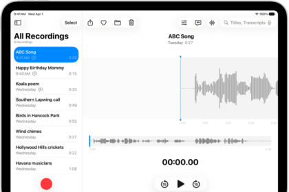 A Voice Memo recording, showing a waveform of the recording that's in progress, along with a time indicator, a button to pause the recording, and a button to view the transcription.