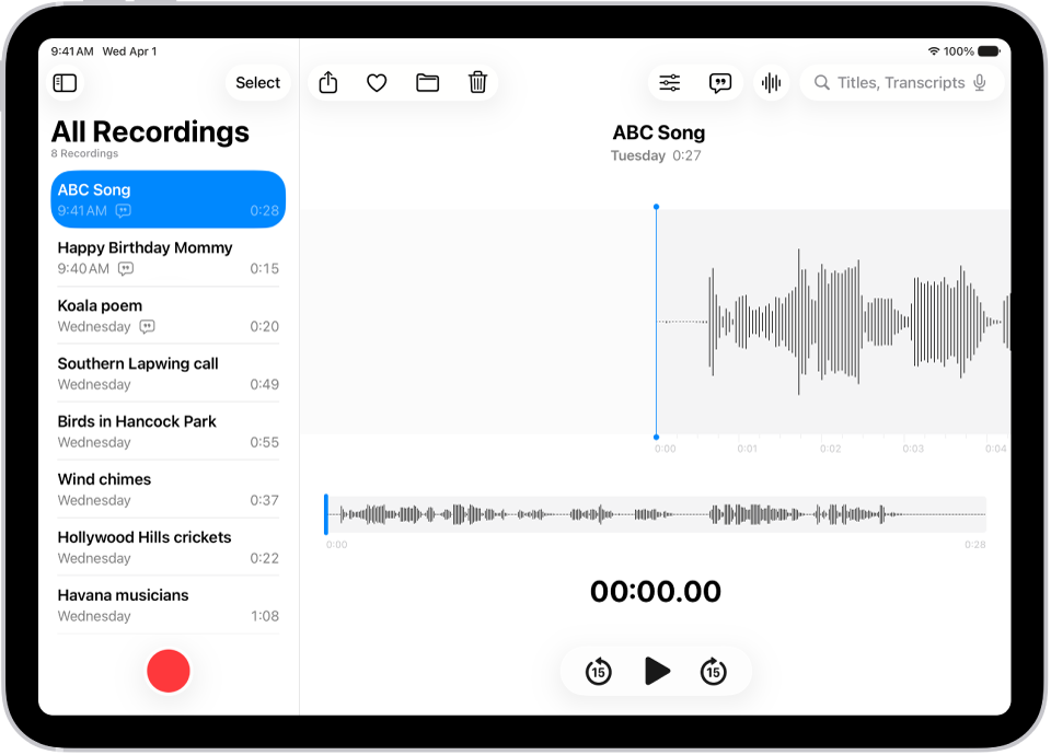 A Voice Memo recording, showing a waveform of the recording that's in progress, along with a time indicator, a button to pause the recording, and a button to view the transcription.