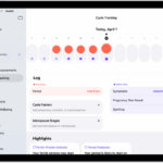 The Cycle Tracking screen showing the timeline for a week at the top of the screen. Solid red circles and purple dots mark the first 5 days on the timeline. Below the timeline are options to add information about periods, symptoms, and more.