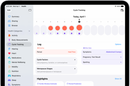 The Cycle Tracking screen showing the timeline for a week at the top of the screen. Solid red circles and purple dots mark the first 5 days on the timeline. Below the timeline are options to add information about periods, symptoms, and more.