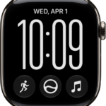 The Siri Modular watch face. The date appears at the top of the screen, followed by the time. Workout, Siri, and Music complications appear at the bottom of the screen.