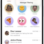 A conversation list in Messages. All messages are shown, because no filter is selected in the Filter menu.