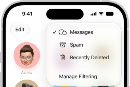 A conversation list in Messages. All messages are shown, because no filter is selected in the Filter menu.