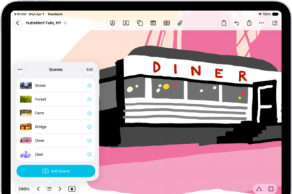 A Freeform board with the Scene Navigator open and several saved scenes.
