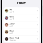 The Family Sharing screen in Settings. Five family members are listed with recommendations for the family.