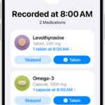 The Medications screen in Health showing a log of medications.