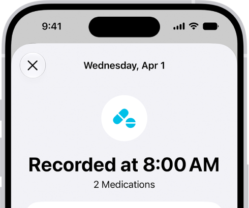 The Medications screen in Health showing a log of medications.