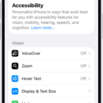 The Accessibility screen in Settings showing the built-in features for Vision support.