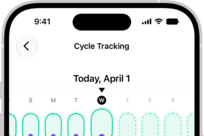 The Cycle Tracking screen with a pregnancy timeline for a week at the top of the screen. Light green ovals and purple dots mark 5 days on the timeline. Dashed light green ovals mark the other days on the timeline. Below the timeline is the pregnancy summary showing the gestational age, start date, and estimated due date. Below the pregnancy summary are options to add information about bleeding during pregnancy, symptoms, and more.