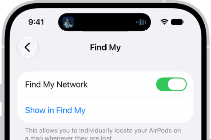 Bluetooth settings on an iPhone showing options for AirPods Pro. The Find My Network option is on, which allows AirPods to be located individually on a map whenever they're lost.
