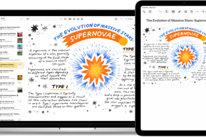 An iPad showing a sketch, next to a Mac where the sketch appears in a note.