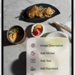 An image open in the Preview app. A menu shows options that can be added to it, such as stickers and text. The Markup, Info, and More buttons appear at the top of the screen, and annotation tools appear at the bottom of the screen.