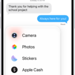 A list of features that appears after tapping the Add button in a Messages conversation.