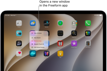 An iPad Home Screen with the Freeform app menu open, showing a list of actions you can choose—including open a new window in the app, create a new board, show all the open app windows, and others.
