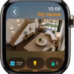 The Home app screen showing four camera views. Along the bottom are buttons for climate controls, lighting accessories, and locks.