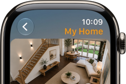 The Home app screen showing four camera views. Along the bottom are buttons for climate controls, lighting accessories, and locks.