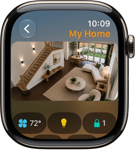 The Home app screen showing four camera views. Along the bottom are buttons for climate controls, lighting accessories, and locks.