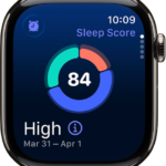 The sleep score screen showing a score in the center of the screen. A rating and the time spent asleep appears at the bottom-left of the screen.