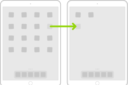 Jiggling apps on the Home Screen with an arrow showing one app being dragged to the next page.