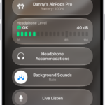 The Hearing Devices screen in Control Center. From top to bottom, it includes the Headphone Level in decibels, Hearing Assistance, Background Sounds, and Live Listen.