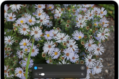 An iPad showing a zoomed in image of white flowers.