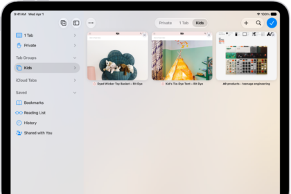 In Safari, a Tab Group is selected, with previews of its three open tabs visible.