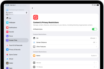The Content and Privacy Restrictions screen in Screen Time, showing different Feature and Content Restrictions.