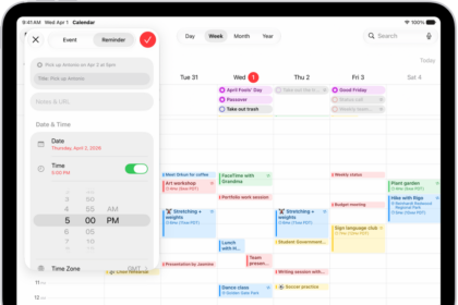 A calendar in Week view showing the create reminder window.