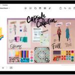 An iPad with the Freeform app open. The board includes handwriting, text, drawings, shapes, photos, videos, sticky notes, links, and other files.
