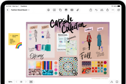 An iPad with the Freeform app open. The board includes handwriting, text, drawings, shapes, photos, videos, sticky notes, links, and other files.