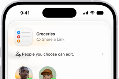 A Reminders screen showing a grocery list with options for sharing at the bottom.